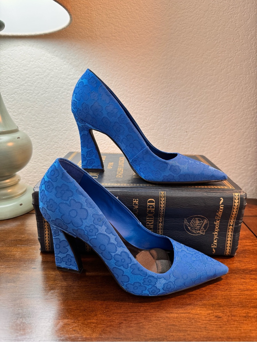 Gianni Bini Blue Floral Jacquard Pointed Block Heels - Picture 4 of 8
